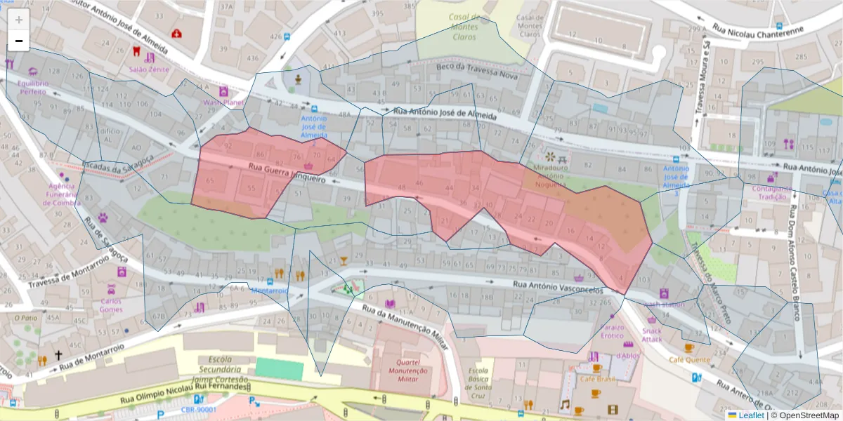 Mapa detalhado do código postal 3000-205 com limites, códigos postais vizinhos e agências dos correios
