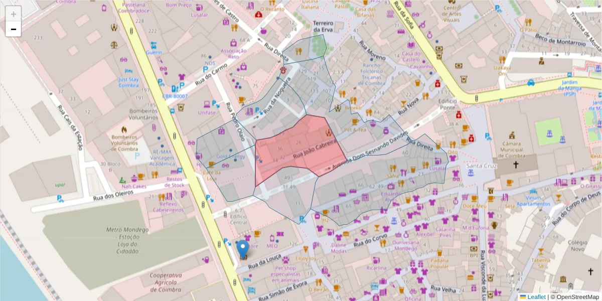 Mapa detalhado do código postal 3000-223 com limites, códigos postais vizinhos e agências dos correios