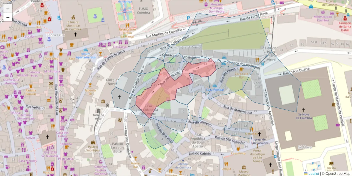 Mapa detalhado do código postal 3000-225 com limites, códigos postais vizinhos e agências dos correios