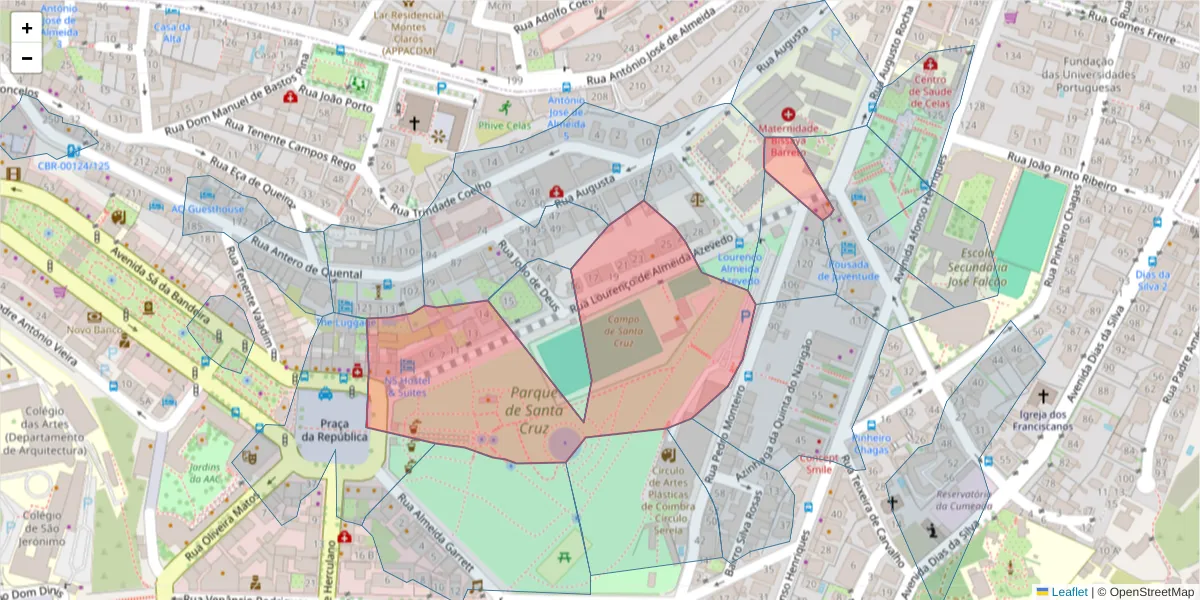 Mapa detalhado do código postal 3000-250 com limites, códigos postais vizinhos e agências dos correios