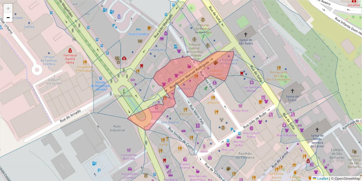 Mapa detalhado do código postal 3000-258 com limites, códigos postais vizinhos e agências dos correios