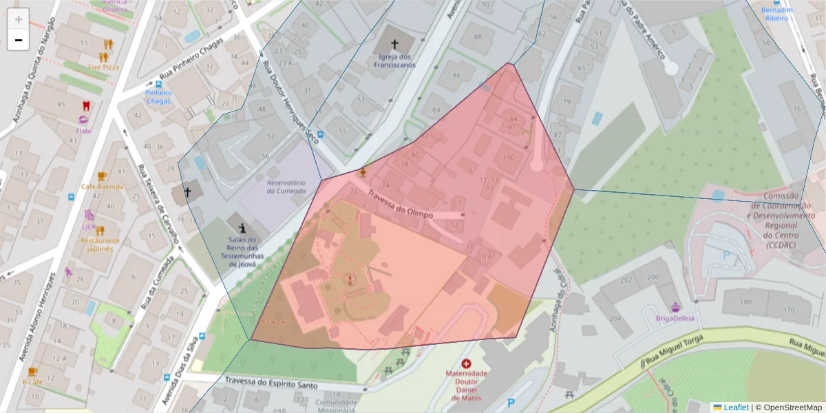 Mapa detalhado do código postal 3000-304 com limites, códigos postais vizinhos e agências dos correios