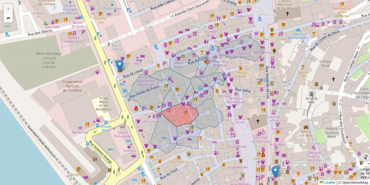 Mapa detalhado do código postal 3000-308 com limites, códigos postais vizinhos e agências dos correios