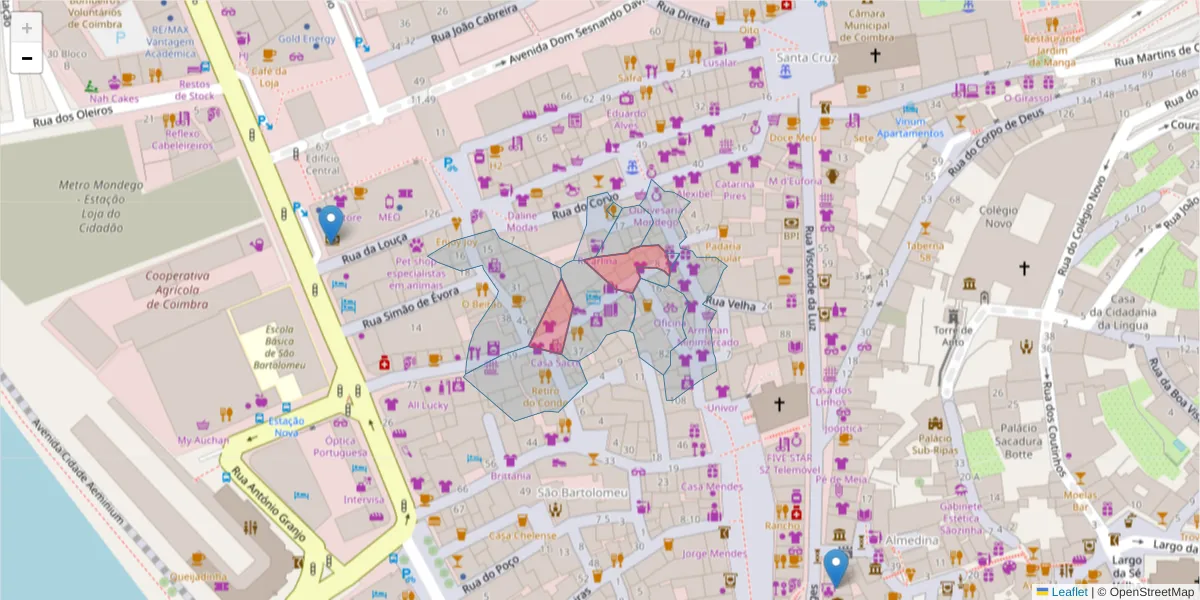 Mapa detalhado do código postal 3000-310 com limites, códigos postais vizinhos e agências dos correios
