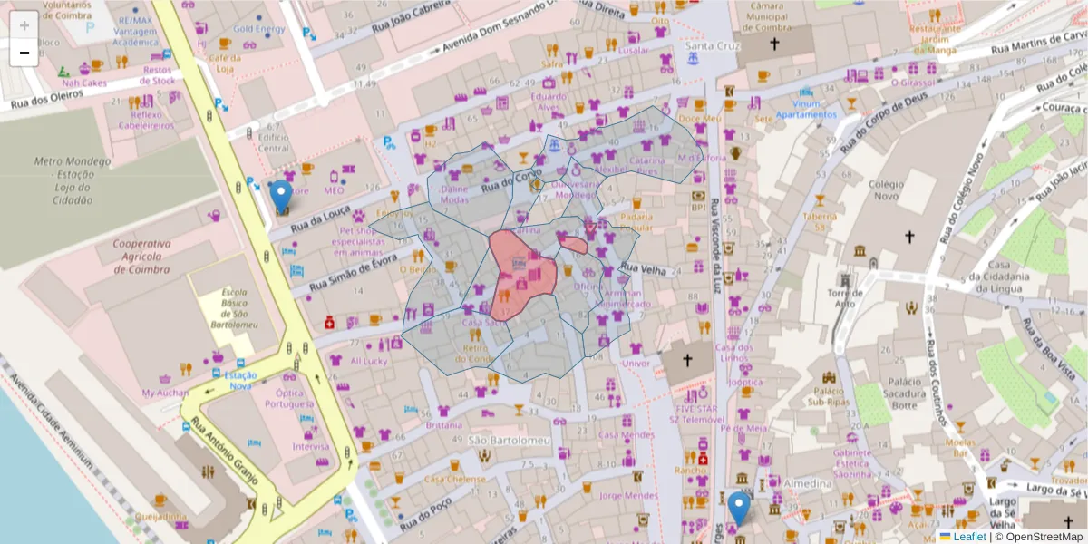 Mapa detalhado do código postal 3000-311 com limites, códigos postais vizinhos e agências dos correios