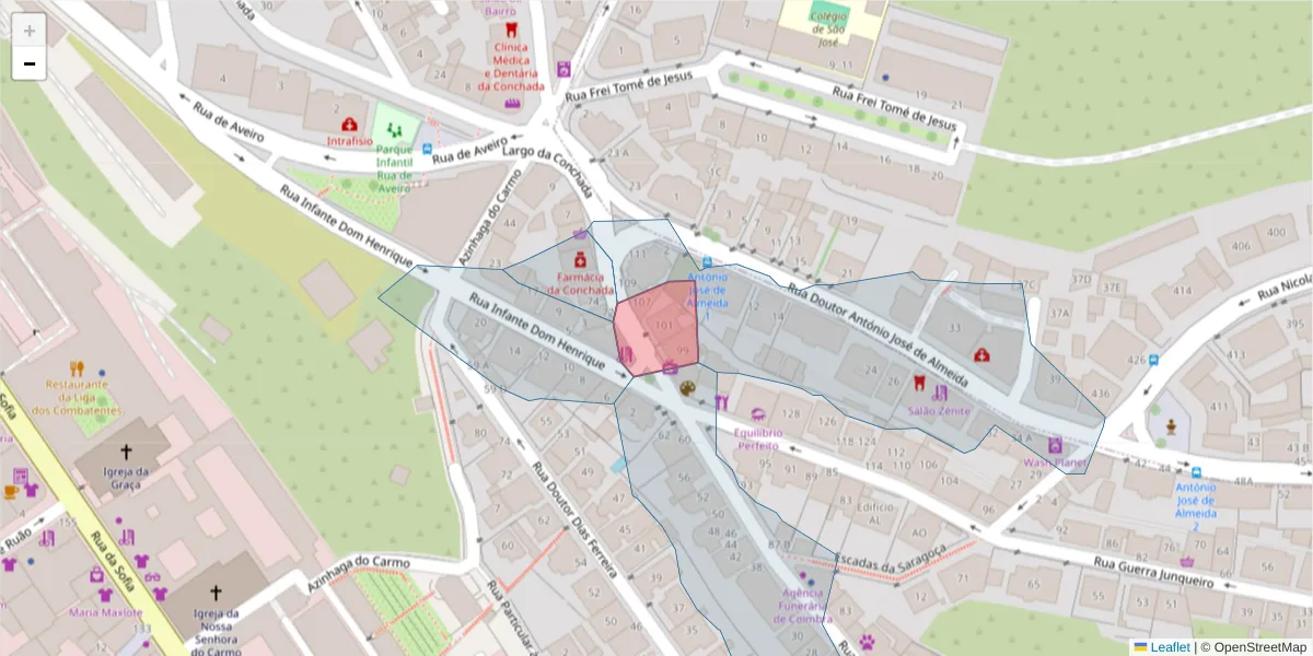 Mapa detalhado do código postal 3000-381 com limites, códigos postais vizinhos e agências dos correios