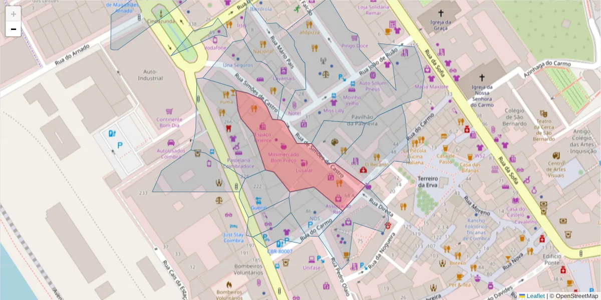 Mapa detalhado do código postal 3000-388 com limites, códigos postais vizinhos e agências dos correios