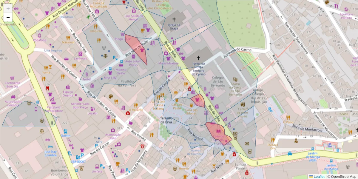 Mapa detalhado do código postal 3000-390 com limites, códigos postais vizinhos e agências dos correios