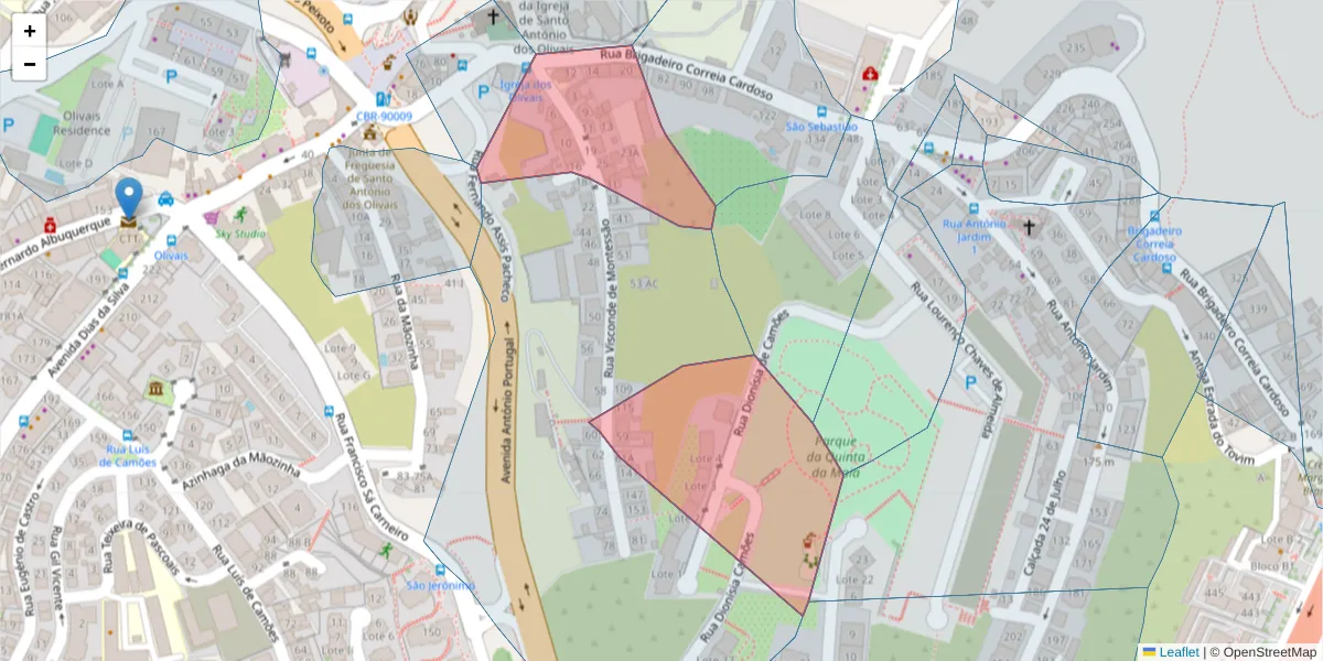 Mapa detalhado do código postal 3000-416 com limites, códigos postais vizinhos e agências dos correios
