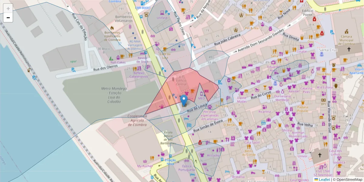 Mapa detalhado do código postal 3000-607 com limites, códigos postais vizinhos e agências dos correios