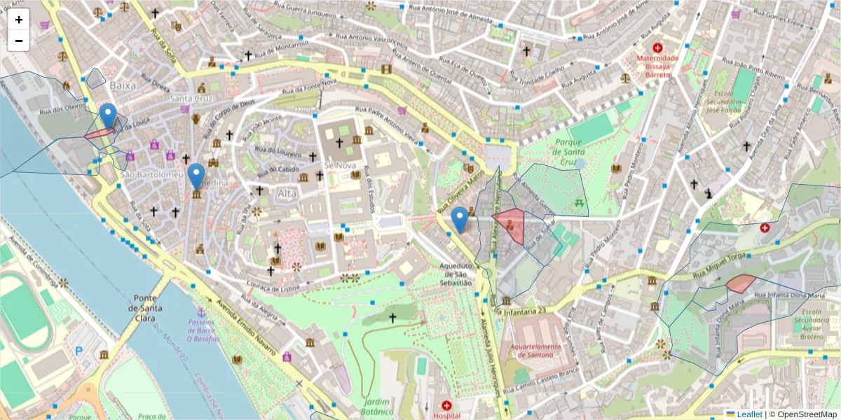 Mapa detalhado do código postal 3000-999 com limites, códigos postais vizinhos e agências dos correios