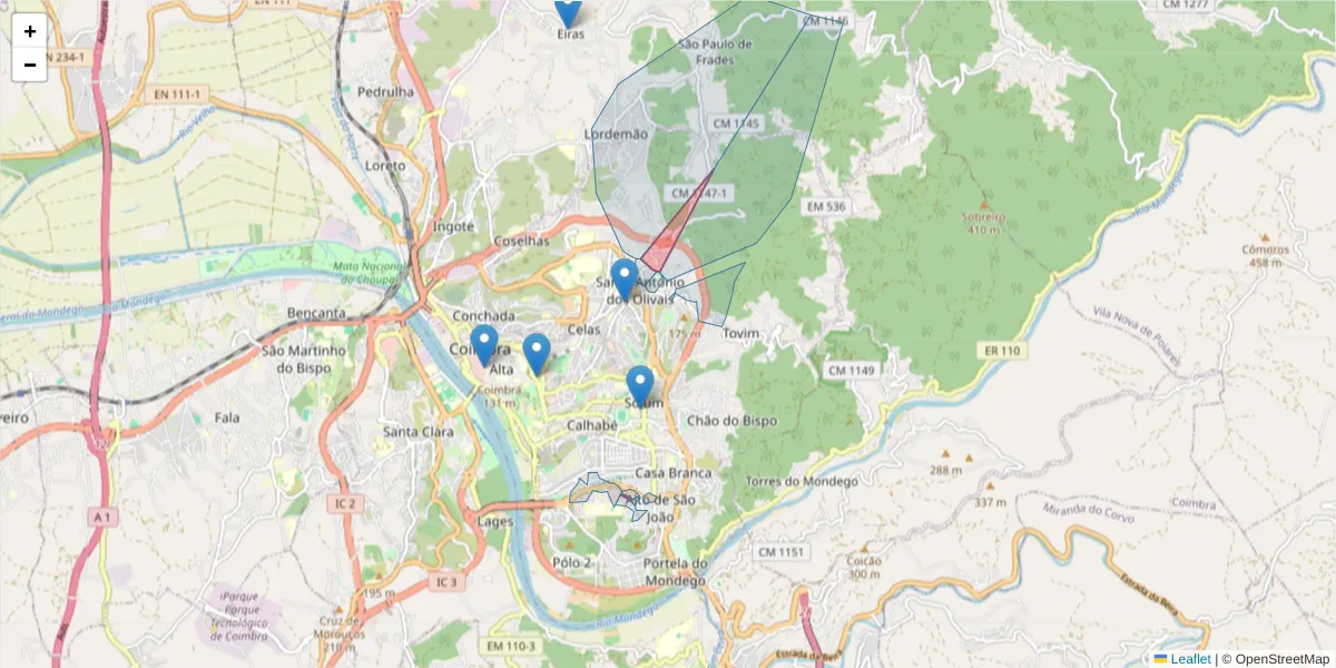 Mapa detalhado do código postal 3020-163 com limites, códigos postais vizinhos e agências dos correios