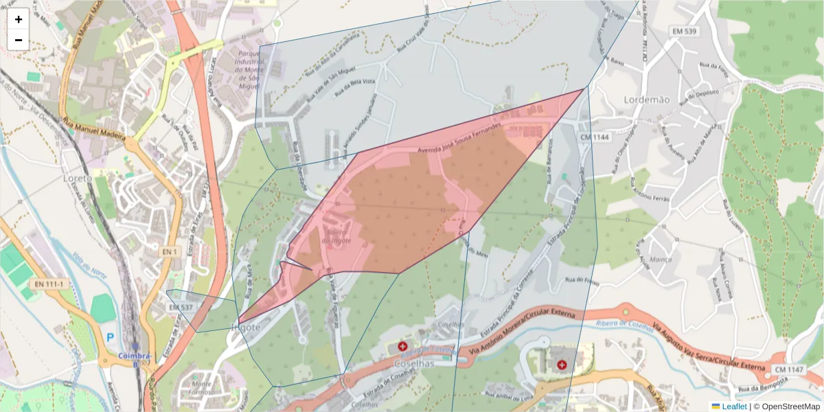 Mapa detalhado do código postal 3020-206 com limites, códigos postais vizinhos e agências dos correios