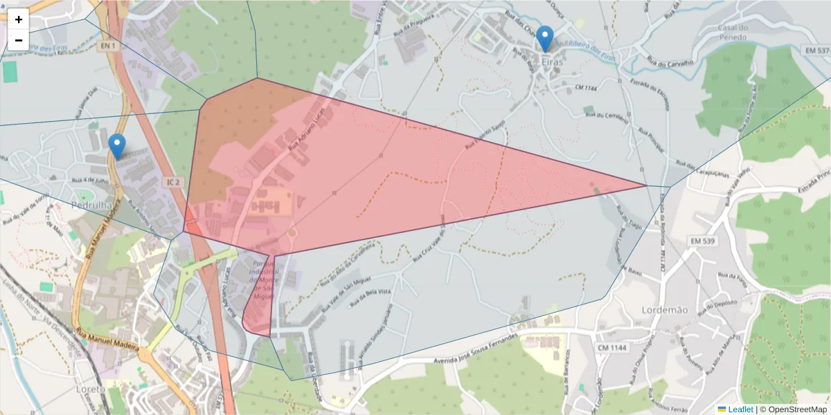 Mapa detalhado do código postal 3020-430 com limites, códigos postais vizinhos e agências dos correios