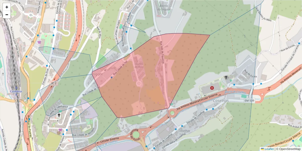 Mapa detalhado do código postal 3020-458 com limites, códigos postais vizinhos e agências dos correios