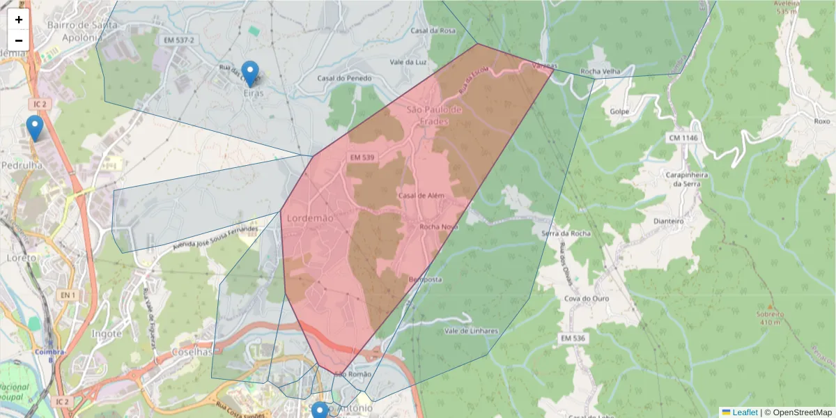 Mapa detalhado do código postal 3020-488 com limites, códigos postais vizinhos e agências dos correios