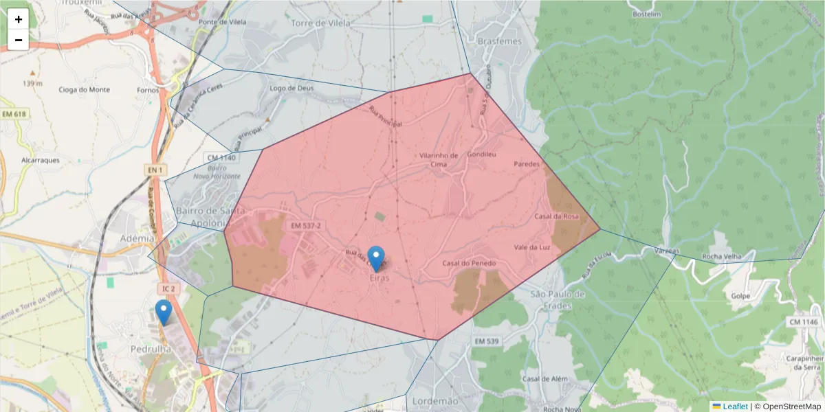 Mapa detalhado do código postal 3020-497 com limites, códigos postais vizinhos e agências dos correios