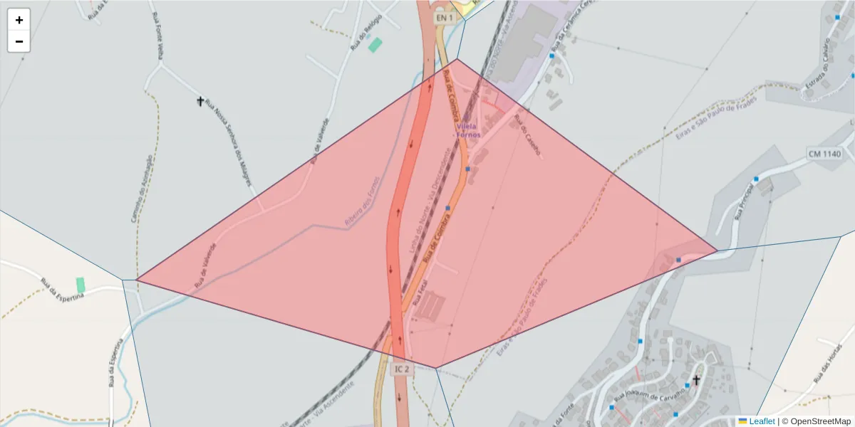 Mapa detalhado do código postal 3020-921 com limites, códigos postais vizinhos e agências dos correios