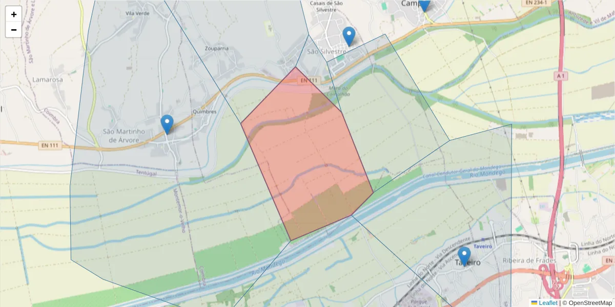 Mapa detalhado do código postal 3025-043 com limites, códigos postais vizinhos e agências dos correios