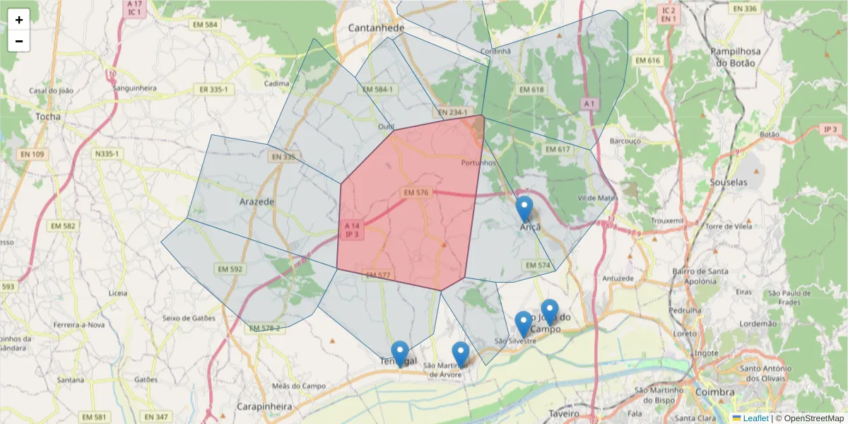 Mapa detalhado do código postal 3025-341 com limites, códigos postais vizinhos e agências dos correios