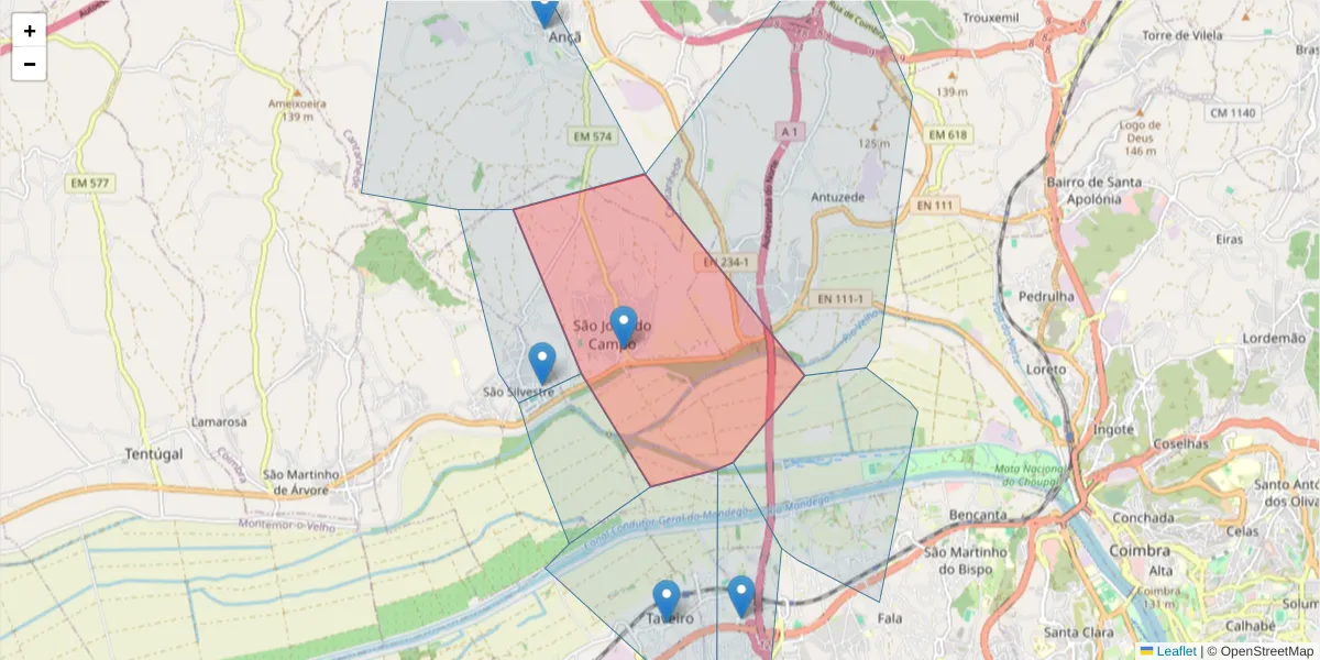 Mapa detalhado do código postal 3025-438 com limites, códigos postais vizinhos e agências dos correios