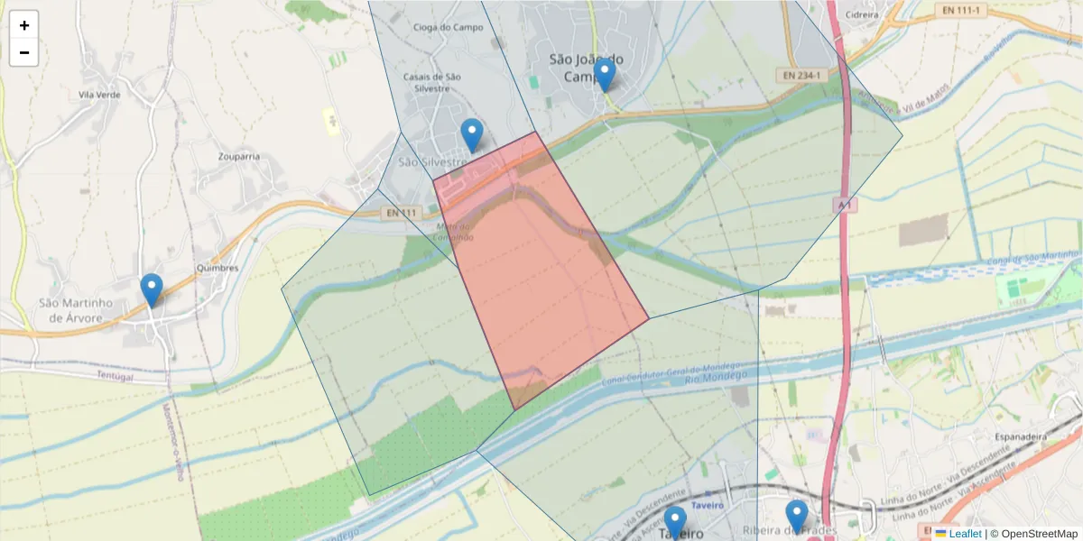 Mapa detalhado do código postal 3025-525 com limites, códigos postais vizinhos e agências dos correios
