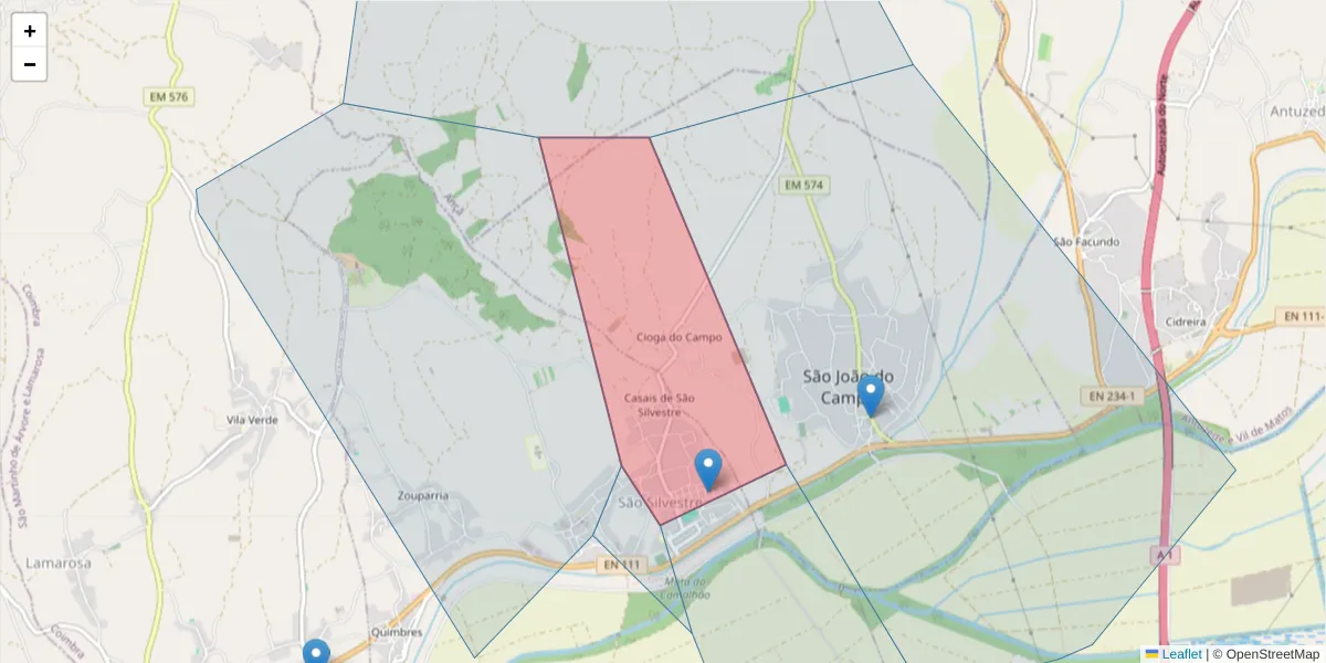 Mapa detalhado do código postal 3025-539 com limites, códigos postais vizinhos e agências dos correios