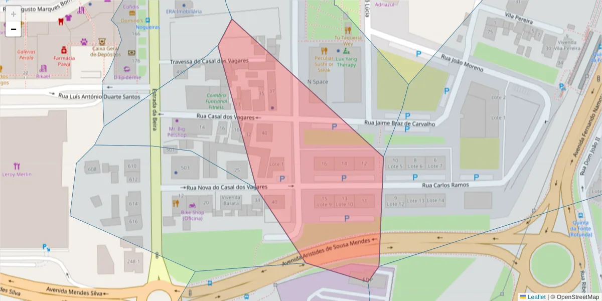 Mapa detalhado do código postal 3030-005 com limites, códigos postais vizinhos e agências dos correios