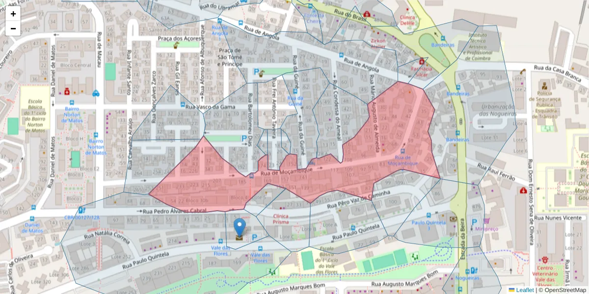 Mapa detalhado do código postal 3030-062 com limites, códigos postais vizinhos e agências dos correios
