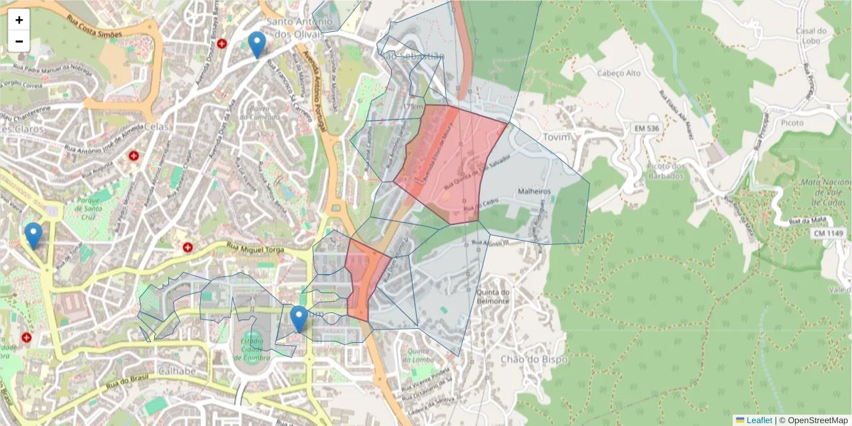 Mapa detalhado do código postal 3030-183 com limites, códigos postais vizinhos e agências dos correios