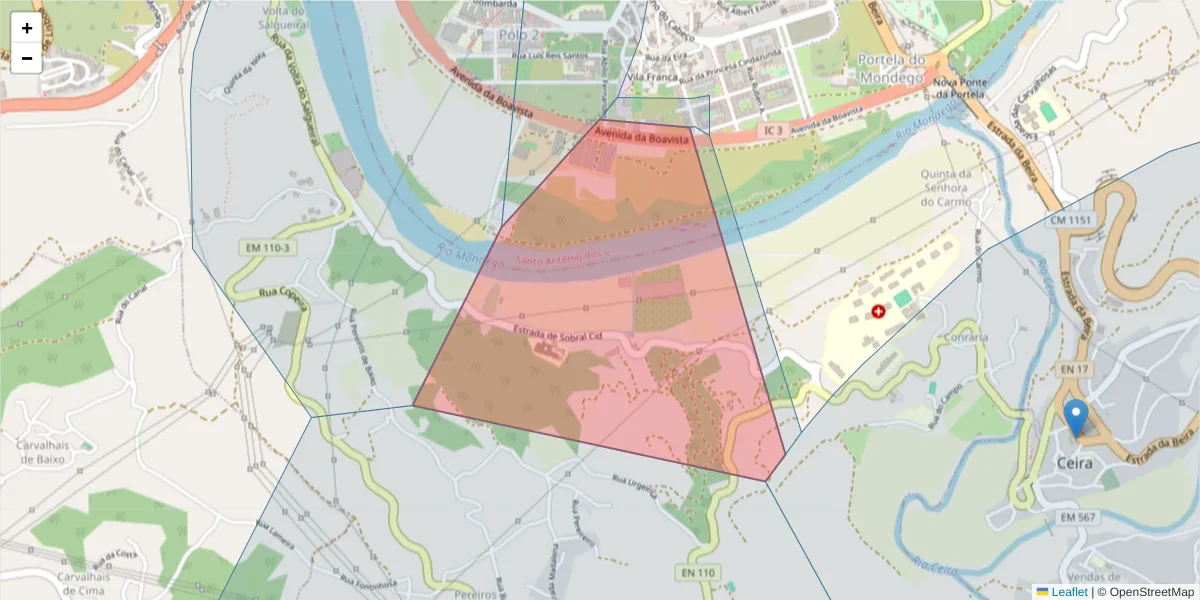 Mapa detalhado do código postal 3030-194 com limites, códigos postais vizinhos e agências dos correios