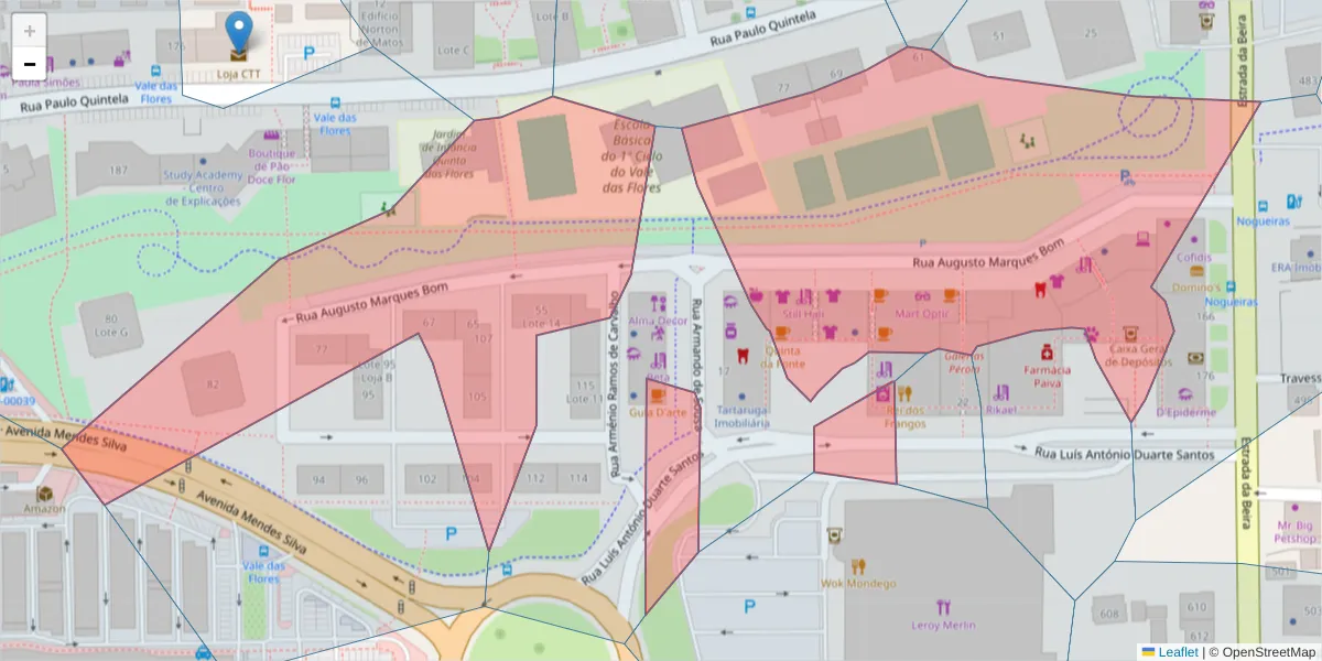 Mapa detalhado do código postal 3030-218 com limites, códigos postais vizinhos e agências dos correios