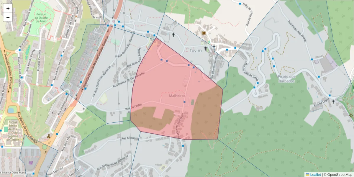 Mapa detalhado do código postal 3030-257 com limites, códigos postais vizinhos e agências dos correios
