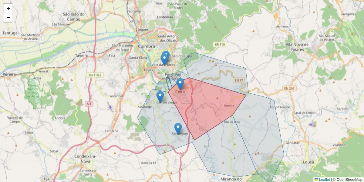 Mapa detalhado do código postal 3030-853 com limites, códigos postais vizinhos e agências dos correios
