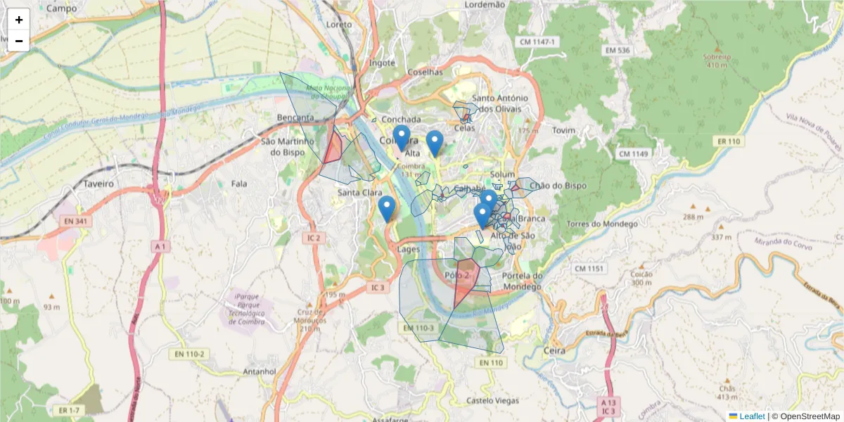 Mapa detalhado do código postal 3030 com limites, códigos postais vizinhos e agências dos correios