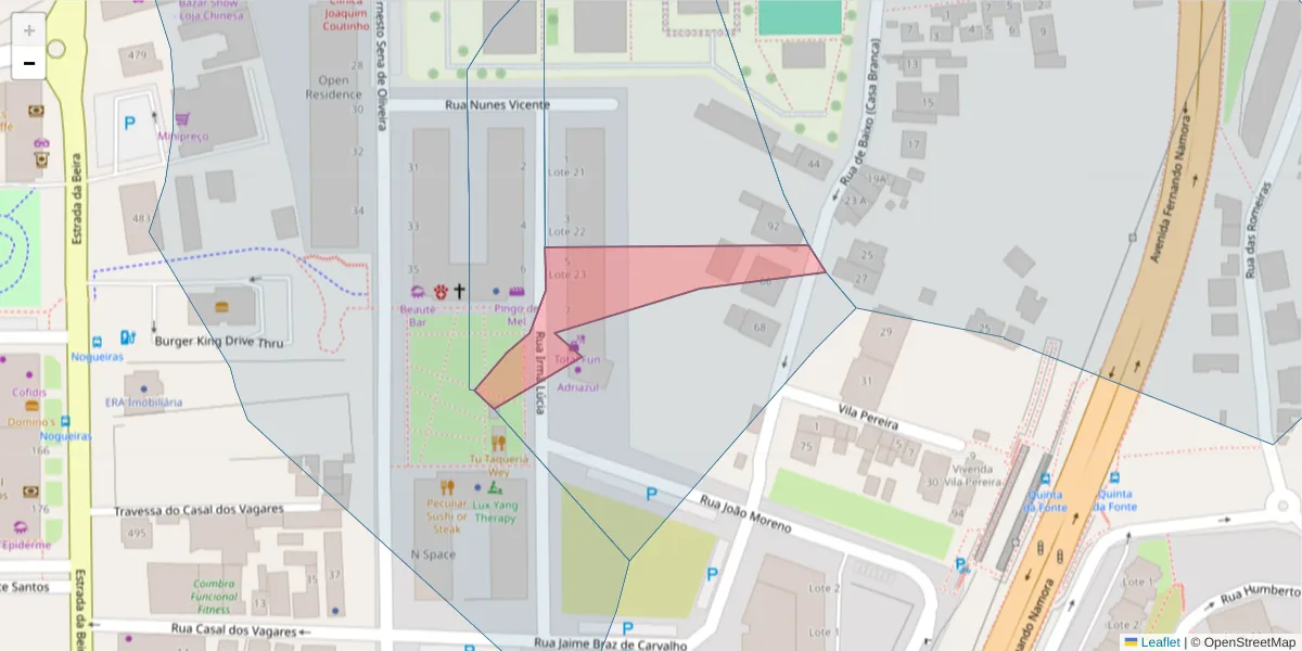 Mapa detalhado do código postal 3034-001 com limites, códigos postais vizinhos e agências dos correios