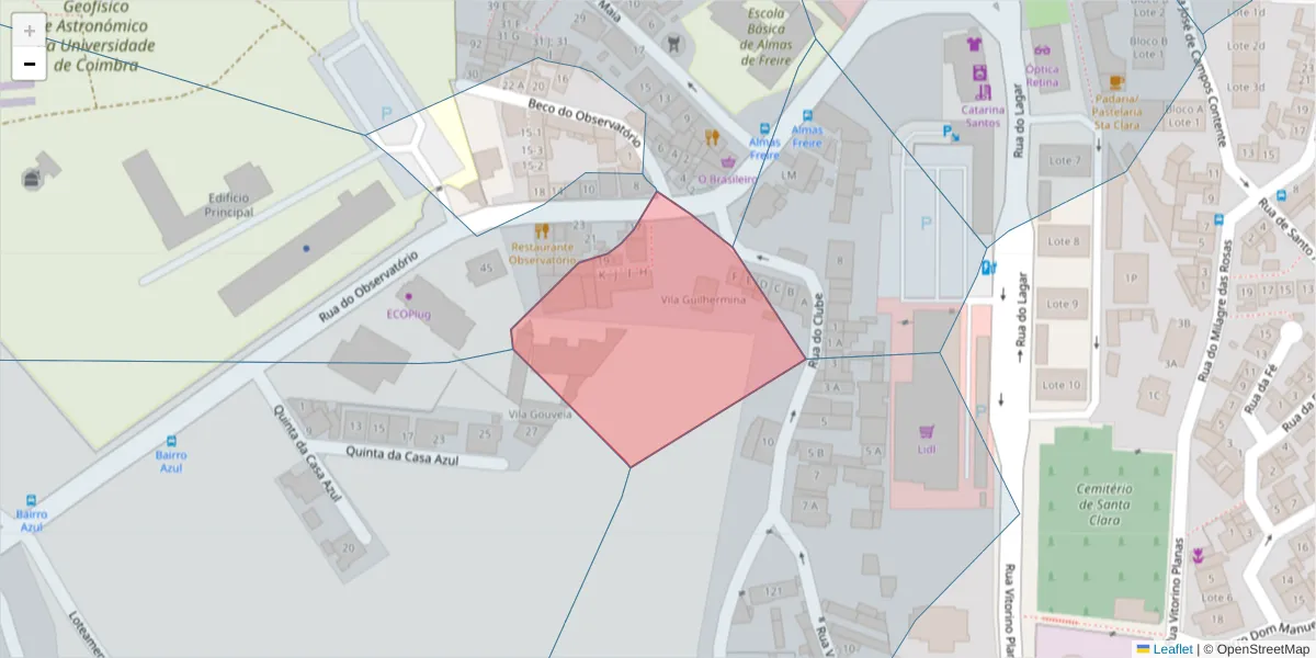 Mapa detalhado do código postal 3040-001 com limites, códigos postais vizinhos e agências dos correios