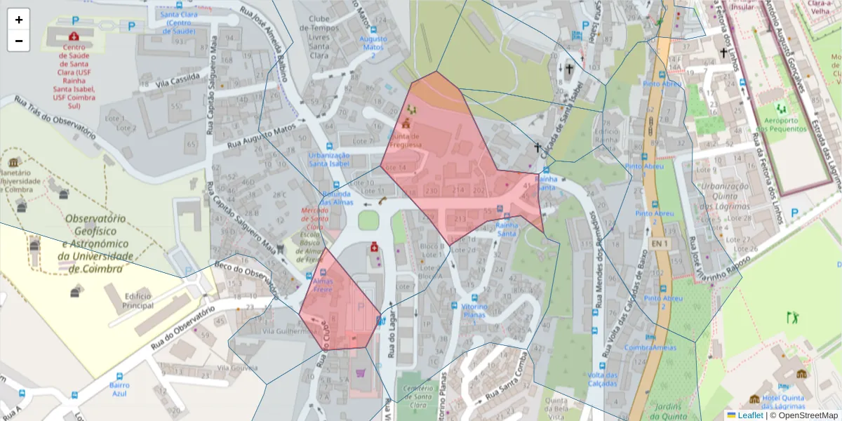 Mapa detalhado do código postal 3040-005 com limites, códigos postais vizinhos e agências dos correios