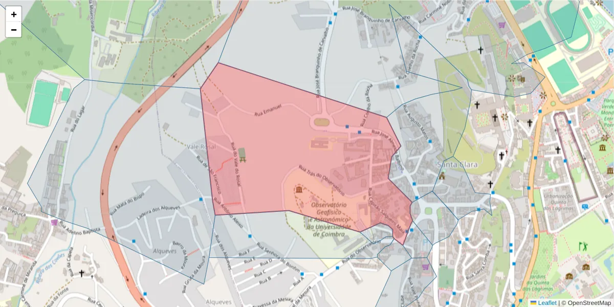 Mapa detalhado do código postal 3040-006 com limites, códigos postais vizinhos e agências dos correios