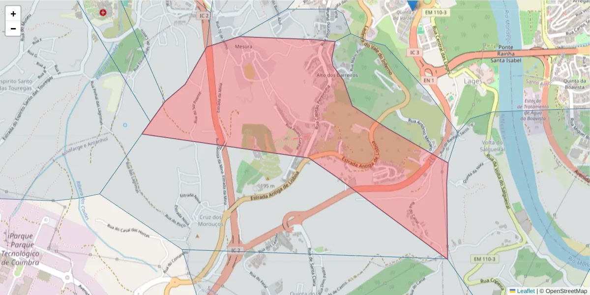 Mapa detalhado do código postal 3040-020 com limites, códigos postais vizinhos e agências dos correios
