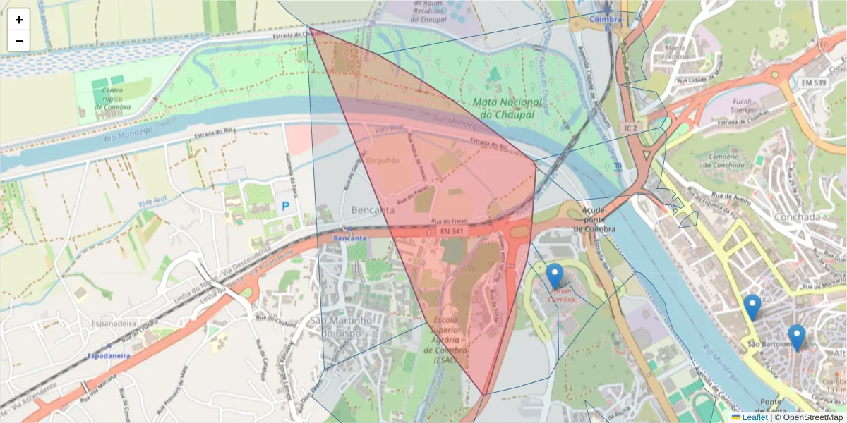 Mapa detalhado do código postal 3040-322 com limites, códigos postais vizinhos e agências dos correios
