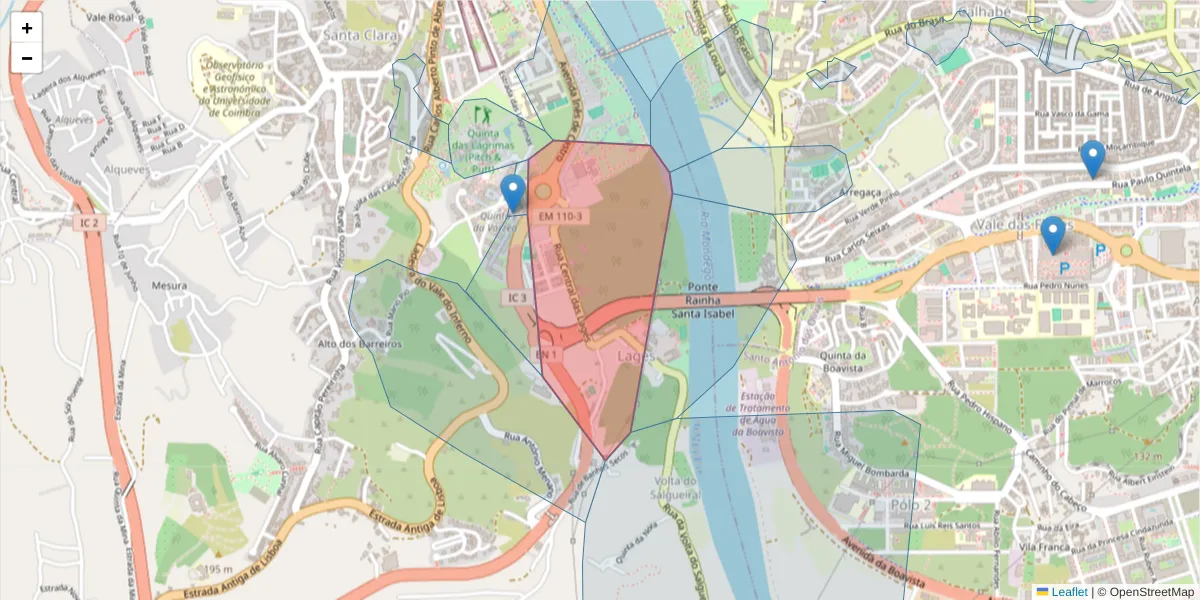 Mapa detalhado do código postal 3040-382 com limites, códigos postais vizinhos e agências dos correios