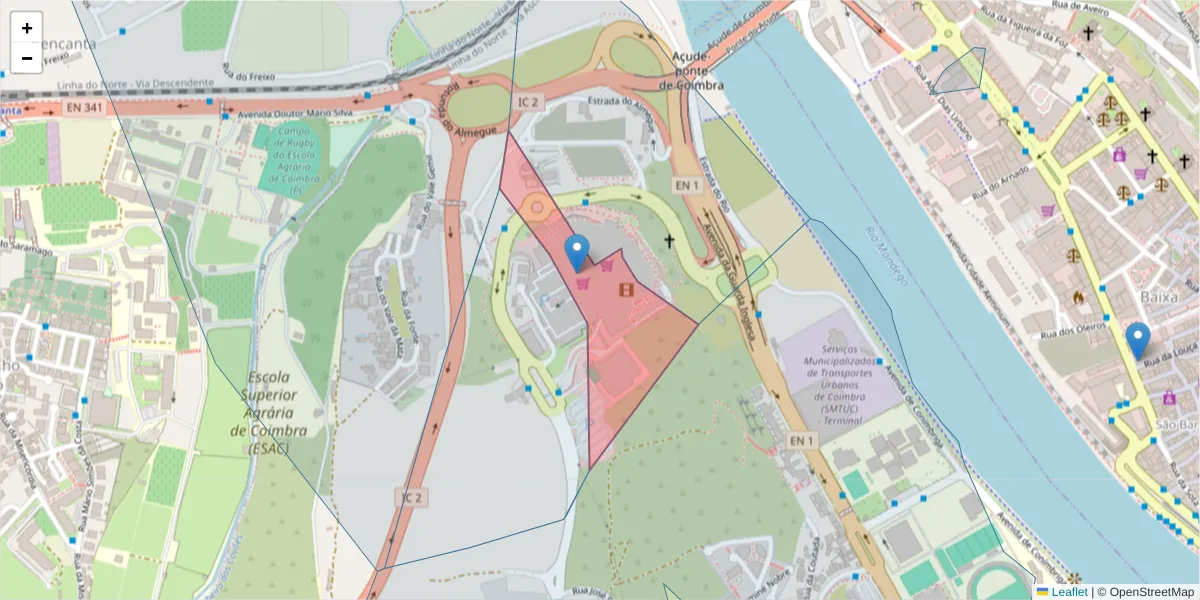 Mapa detalhado do código postal 3040-389 com limites, códigos postais vizinhos e agências dos correios