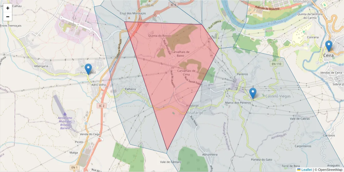 Mapa detalhado do código postal 3040-656 com limites, códigos postais vizinhos e agências dos correios