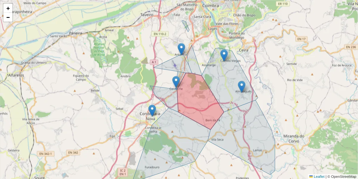 Mapa detalhado do código postal 3040-807 com limites, códigos postais vizinhos e agências dos correios