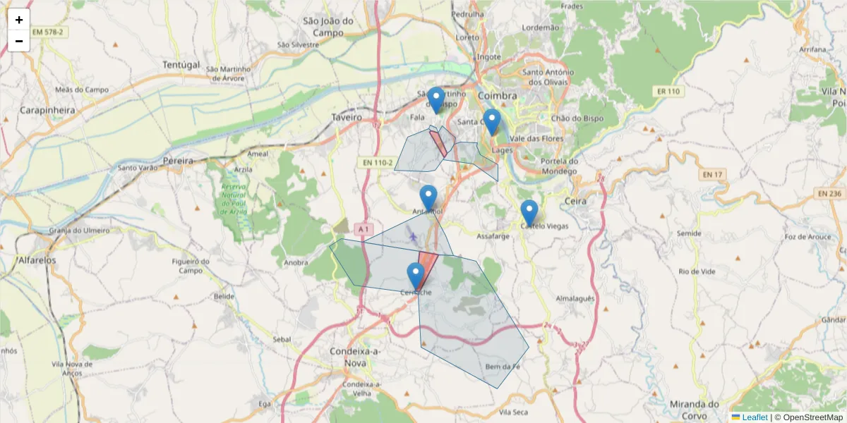 Mapa detalhado do código postal 3040 com limites, códigos postais vizinhos e agências dos correios