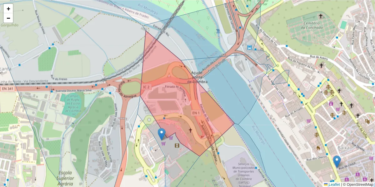 Mapa detalhado do código postal 3044-520 com limites, códigos postais vizinhos e agências dos correios