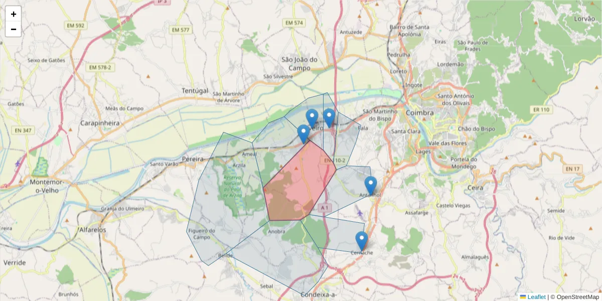 Mapa detalhado do código postal 3045-001 com limites, códigos postais vizinhos e agências dos correios