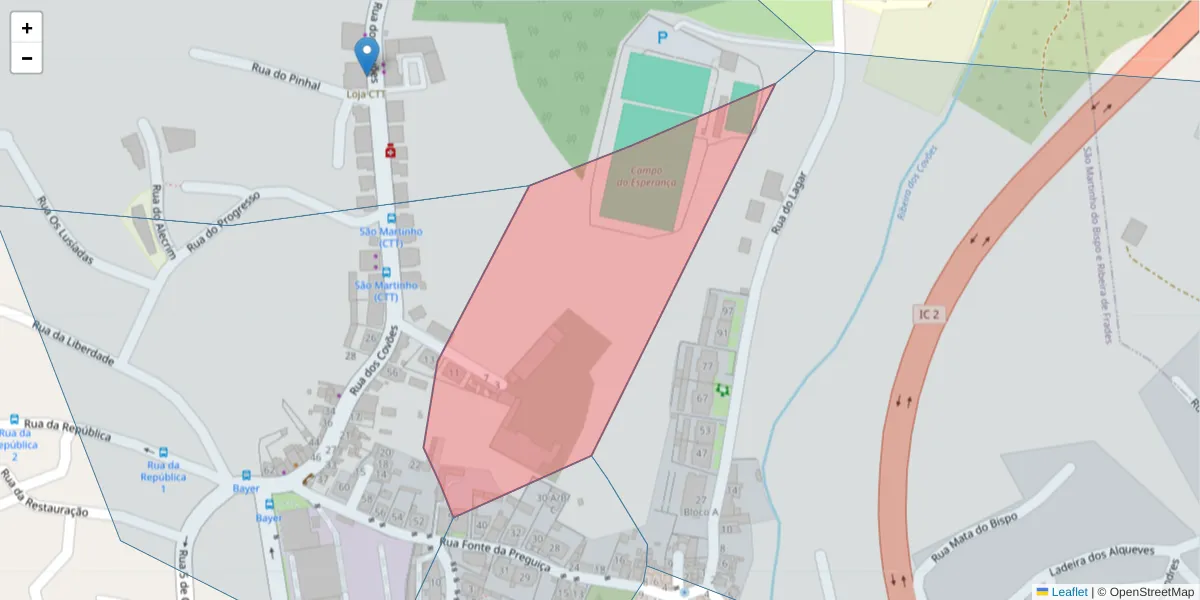 Mapa detalhado do código postal 3045-030 com limites, códigos postais vizinhos e agências dos correios