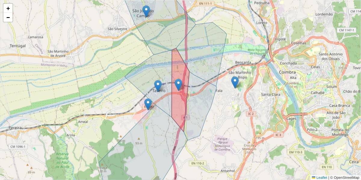 Mapa detalhado do código postal 3045-431 com limites, códigos postais vizinhos e agências dos correios